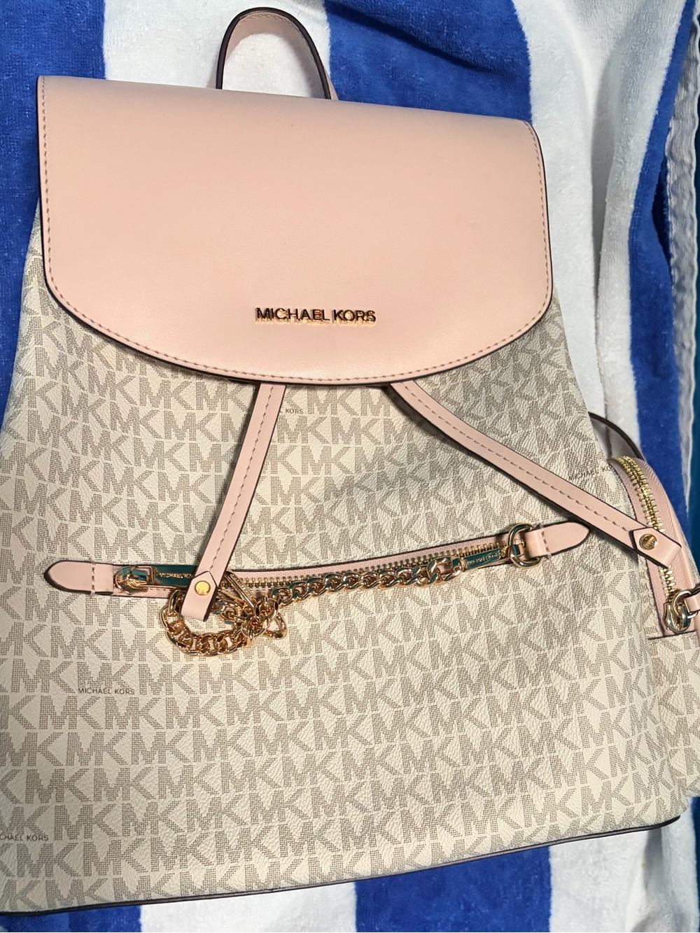 MICHAEL KORS Pink and Beige Signature MK Drawstring Backpack